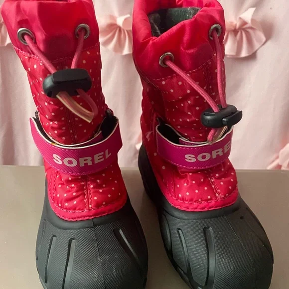 Sorel Kids Pink Red Polka Dot Snow Boots - Picture 1 of 3